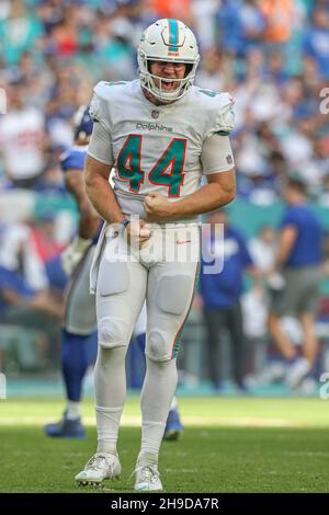 Sunday, December 5, 2021; Miami Gardens, FL USA; Miami Dolphins long  snapper Blake Ferguson (44) celebrates and pumps up the crowd during an NFL  game against the New York Giants at Hard