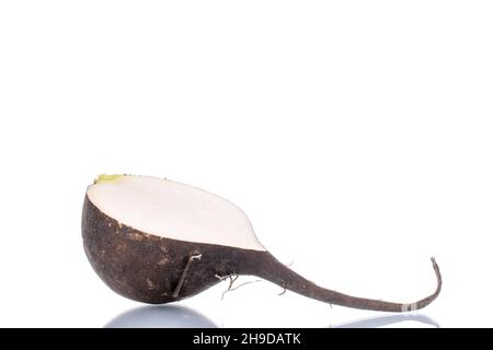 One half of ripe juicy black radish, close-up, isolated on white. Stock Photo