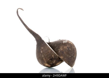 Two halves of ripe juicy black radish, close-up, isolated on white. Stock Photo