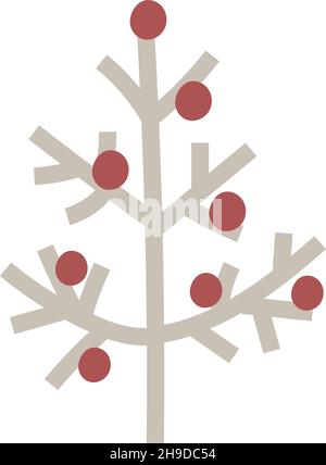 New Year tree in doodle scandinavian vector art drawing style. Christmas tree decorated with red balls. Minimalist design illustration isolated on Stock Vector