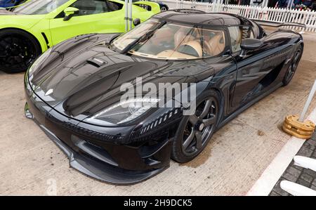 Three-quarters front view of a Koenigsegg Agera R, on display in the Supercar Paddock, at the 2021 Silverstone Classic Stock Photo