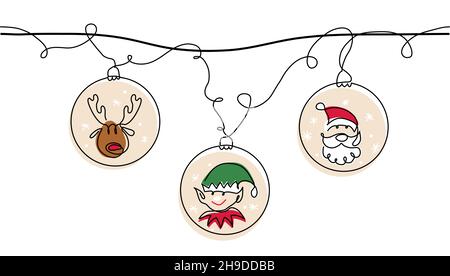 Xmas fir twig with christmas tree toys. One continuous line art drawing for corner design. Vector greeting background, banner, poster in red and green Stock Vector
