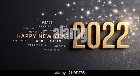 Happy New Year greetings and 2022 date number colored in gold, on a glittering black card