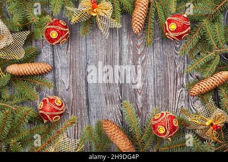 christmas tree fir branches on wood Stock Photo