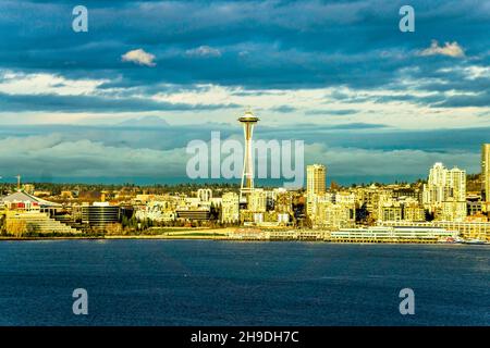 Clouds hover over the Seattle waterfront in Washington State. Stock Photo