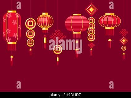 Happy Chinese New Year greeting card with hanging lanterns. Background with talismans and holiday decorations. Asian tradition symbols. Stock Vector