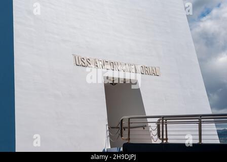 Pearl Harbor, Hawaii - May 03, 2015: Entrance and signage to the Arizona memorial Stock Photo