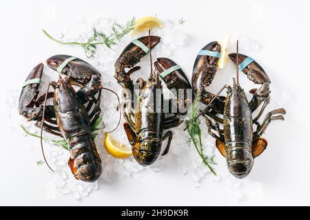 Three uncooked lobsters on white Stock Photo