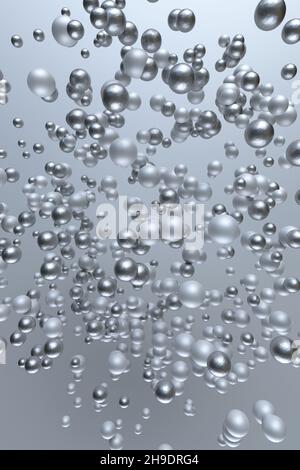 3D flying silver bubbles, spheres, balls. Minimal composition for creative design, poster, greeting card. Festive vertical template Stock Photo