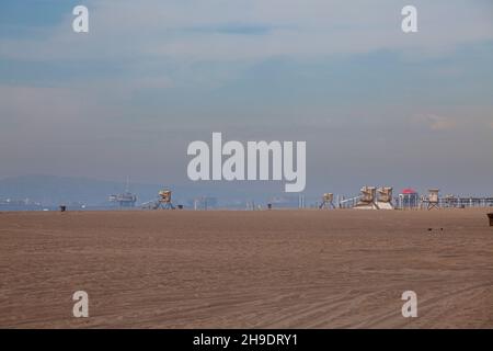 Beach closures on Huntington State Beach. An estimated 127,000 gallons of crude oil leaked from an oil derrick pipeline in the Catalina Channel. The o Stock Photo