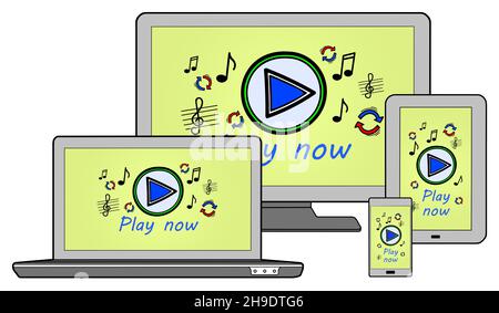 Online music concept shown on different information technology devices Stock Photo