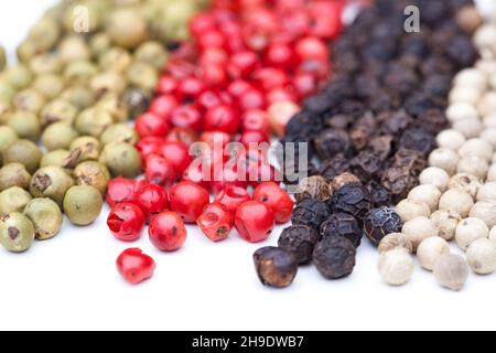 pepper, colorful, different, peppercorns, whole, some, black, white, red, pink, side by side, details, together, line, trace, green, background, close Stock Photo