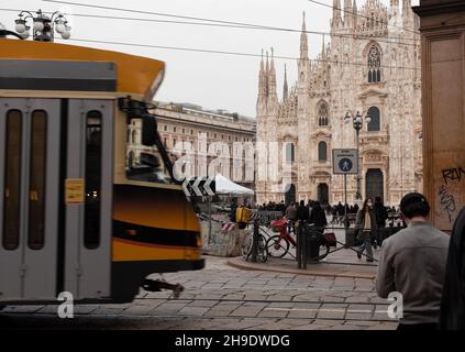 Milan, Italy-November, 16: View of the typical tram on the street of Milan on november 16, 2021 Stock Photo