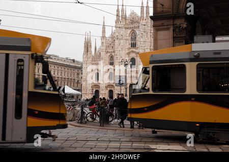 Milan, Italy-November, 16: View of the typical trams on the street of Milan on november 16, 2021 Stock Photo