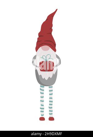 Cute Christmas gnome with long legs holding a gift box. Vector hand drawn illustration isolated on white. Xmas Elf in Scandinavian style Stock Vector