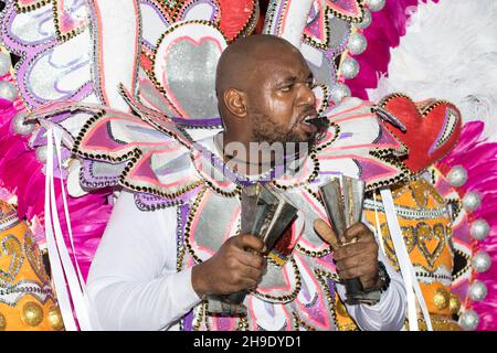 Nassau, The Bahamas- December 26 2019 - Boxing Day Junkanoo Parade Celebration held in downtown Nassau at 2 am in the morning. Participants dressed in Stock Photo