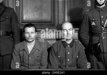 Gdañsk, 1947-10. Proces grupy funkcjonariuszy niemieckiego obozu koncentracyjnego w Stutthofie, w dniach od 8 do 31 paŸdziernika. S¹dzono 24 SS-manów i jednego wiêŸnia funkcyjnego. W wyniku procesu skazano na karê œmierci: kierownika III Wydzia³u SS Hauptsturmführera Teodora Meyera, komendanta obozu ¿ydowskiego SS Oberscharführera Ewalda Fotha, SS Oberscharführera Alberta Paulitza, SS Unterscharführera Fritza Petersa, SS Oberscharführera Hansa Racha, SS Rottenführera Karla Zurella, SS Unterscharführera Kurta Dietricha, SS Rottenführera, Karla Eggerta, SS Rottenführera Paula Wellnitza i kapo Al