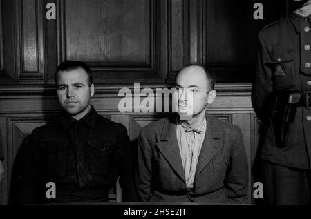Gdañsk, 1947-10. Proces grupy funkcjonariuszy niemieckiego obozu koncentracyjnego w Stutthofie, w dniach od 8 do 31 paŸdziernika. S¹dzono 24 SS-manów i jednego wiêŸnia funkcyjnego. W wyniku procesu skazano na karê œmierci: kierownika III Wydzia³u SS Hauptsturmführera Teodora Meyera, komendanta obozu ¿ydowskiego SS Oberscharführera Ewalda Fotha, SS Oberscharführera Alberta Paulitza, SS Unterscharführera Fritza Petersa, SS Oberscharführera Hansa Racha, SS Rottenführera Karla Zurella, SS Unterscharführera Kurta Dietricha, SS Rottenführera, Karla Eggerta, SS Rottenführera Paula Wellnitza i kapo Al