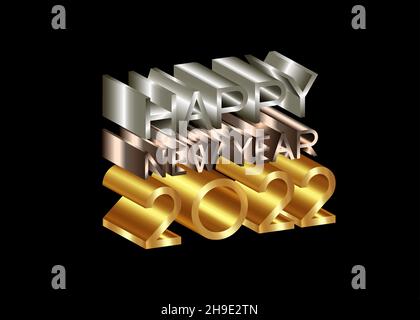 2022 Happy New Year, number and text 3D logo, gold, bronze, silver texture. Holiday greeting card. Vector illustration isolated on black background Stock Vector