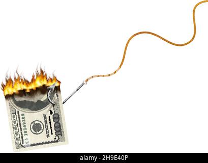 Burning dollar banknote on glossy silver metal fishing hook on a rope on white Stock Vector