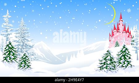 Cartoon pink castle on the background of the winter forest and mountains. Winter landscape with a pink castle, snow-covered trees and snowflakes. Stock Vector