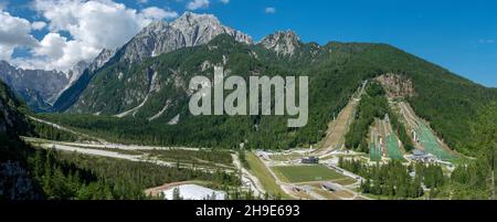 Planica Ski jumping hills in the summer. The Planica Nordic Centre. Julian Alps. Slovenia. Europe. Stock Photo