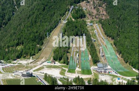 Planica Ski jumping hills in the summer. The Planica Nordic Centre. Julian Alps. Slovenia. Europe. Stock Photo