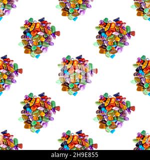 Colorful semiprecious mineral gemstones heap repeat seamless pattern on white background. Stock Photo