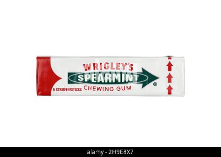 KHARKOV, UKRAINE - FEBRUARY 14, 2021: Wrigleys Spearmint chewing gum in classic pack design Stock Photo