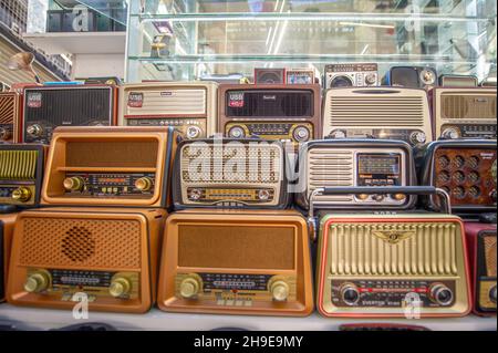 Collection of old radios on a stall in the Turkish Stock Photo