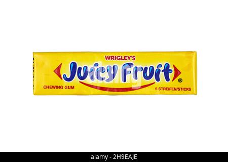 KHARKOV, UKRAINE - FEBRUARY 14, 2021: Wrigleys Juicy Fruit chewing gum in classic pack design Stock Photo