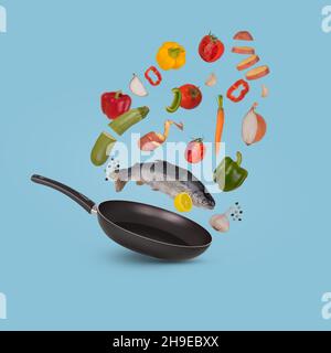 Raw whole trout fish with different vegetables and lemon flying above frying pan for tasty cooking, isolated on blue background. Minimal healthy food Stock Photo