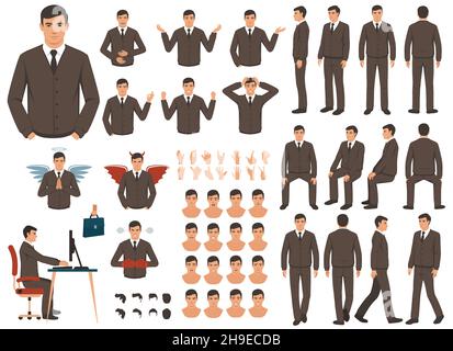 Vector businessman character casual poses set in flat style. Full length, gestures, emotions, front, side, back view. Stock Vector