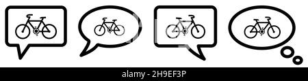 Bicycle icon in speech bubble, different version. Ask, talk or think about bike concept Stock Vector