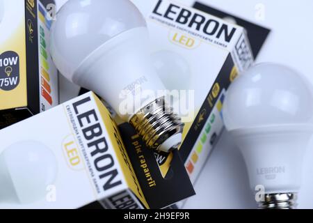 KHARKOV, UKRAINE - MARCH 30, 2021: Many Lebron LED light bulbs. Lebron is chinese light equipment manufacturer since 2017 Stock Photo