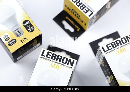 KHARKOV, UKRAINE - MARCH 30, 2021: Many Lebron LED light bulbs. Lebron is chinese light equipment manufacturer since 2017 Stock Photo