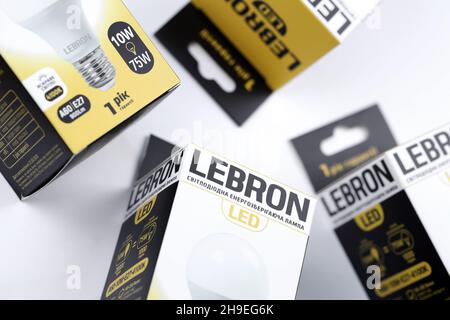 KHARKOV, UKRAINE - MARCH 30, 2021: Many Lebron LED light bulbs. Lebron is chinese light equipment manufacturer since 2017 Stock Photo