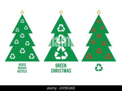 Green Christmas trees with recycling signs for cards, set of vector graphic design elements Stock Vector