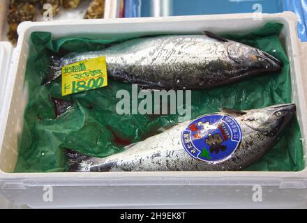 Two fish in a box for sale in the main part of Tsukiji Fish Market with wholesale prices in Tokyo's Tsukiji district. Stock Photo