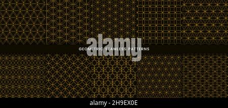 Set of geometric seamless pattern circle design. Luxury with shiny gold lines on dark background Stock Vector