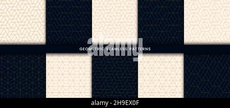 Set of geometric seamless pattern polygonal shape. Luxury background with gold lines on navy and white color Stock Vector