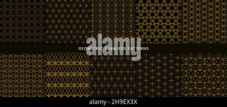Set of geometric seamless pattern circle design. Luxury with shiny gold lines on dark background Stock Vector