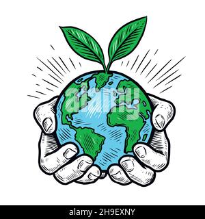 Hands holding planet Earth. Caring for environment, ecology concept Stock Vector