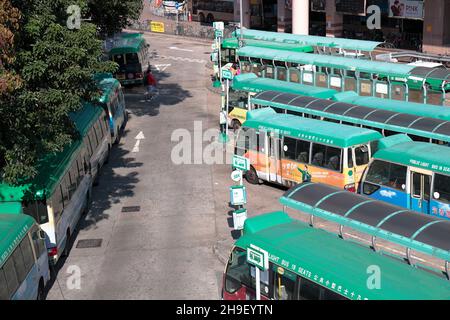 Public Light Bus (Green minibus, 16 seats) terminus adjacent to Landmark North and Sheung Shui MTR Station, Hong Kong, China 14th Nov 2021 Stock Photo