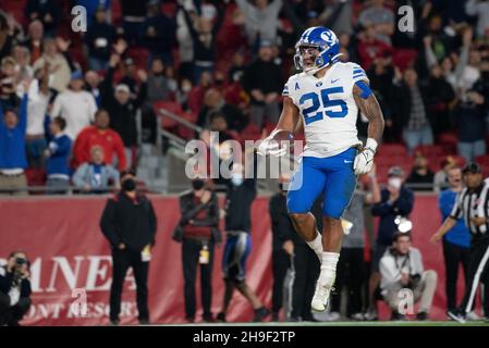 BYU running back Tyler Allgeier dives for a touchdown during the second ...