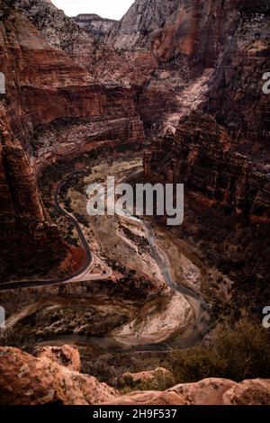 Looking Down On The Virgin River From Angels Landing in Zion Stock Photo