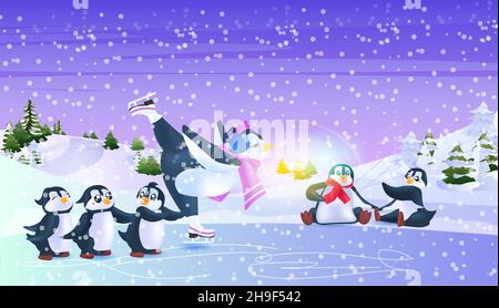 cute penguins skating on ice rink winter activities concept snowfall landscape background horizontal Stock Vector