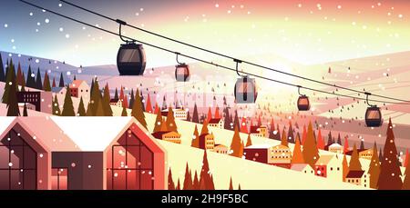 cableway in snowy mountains residential houses area ski resort christmas new year holidays celebration winter vacation Stock Vector