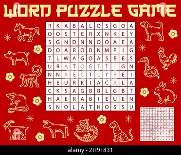 Chinese horoscope animals, word search puzzle game vector worksheet, kids quiz. Find a word quiz game or riddle for Chinese lunar horoscope symbols or Stock Vector