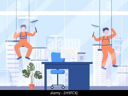 Cleaning Service Company flat Design Illustration. People Clean Wall Windows or Sweeping the Whole Room with a tool for Background, Banner and Poster Stock Vector